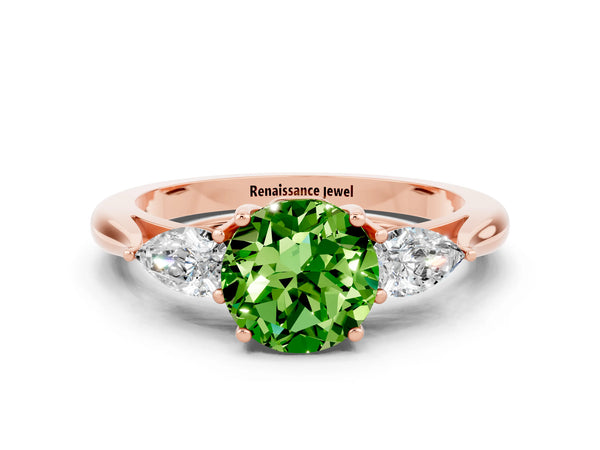 Rose gold Round Cut Peridot Three-Stone Ring with Pear  Side Stones and Prong Setting