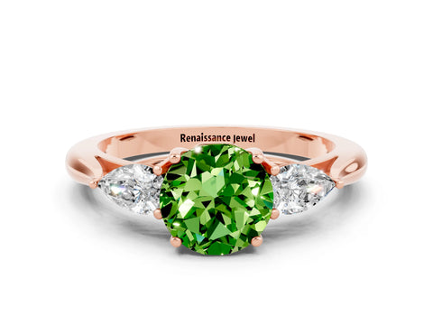 Rose gold Round Cut Peridot Three-Stone Ring with Pear Side Stones and Four-Prong Setting_12