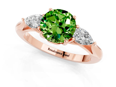 Rose gold Round Cut Peridot Three-Stone Ring with Pear Side Stones and Four-Prong Setting_13