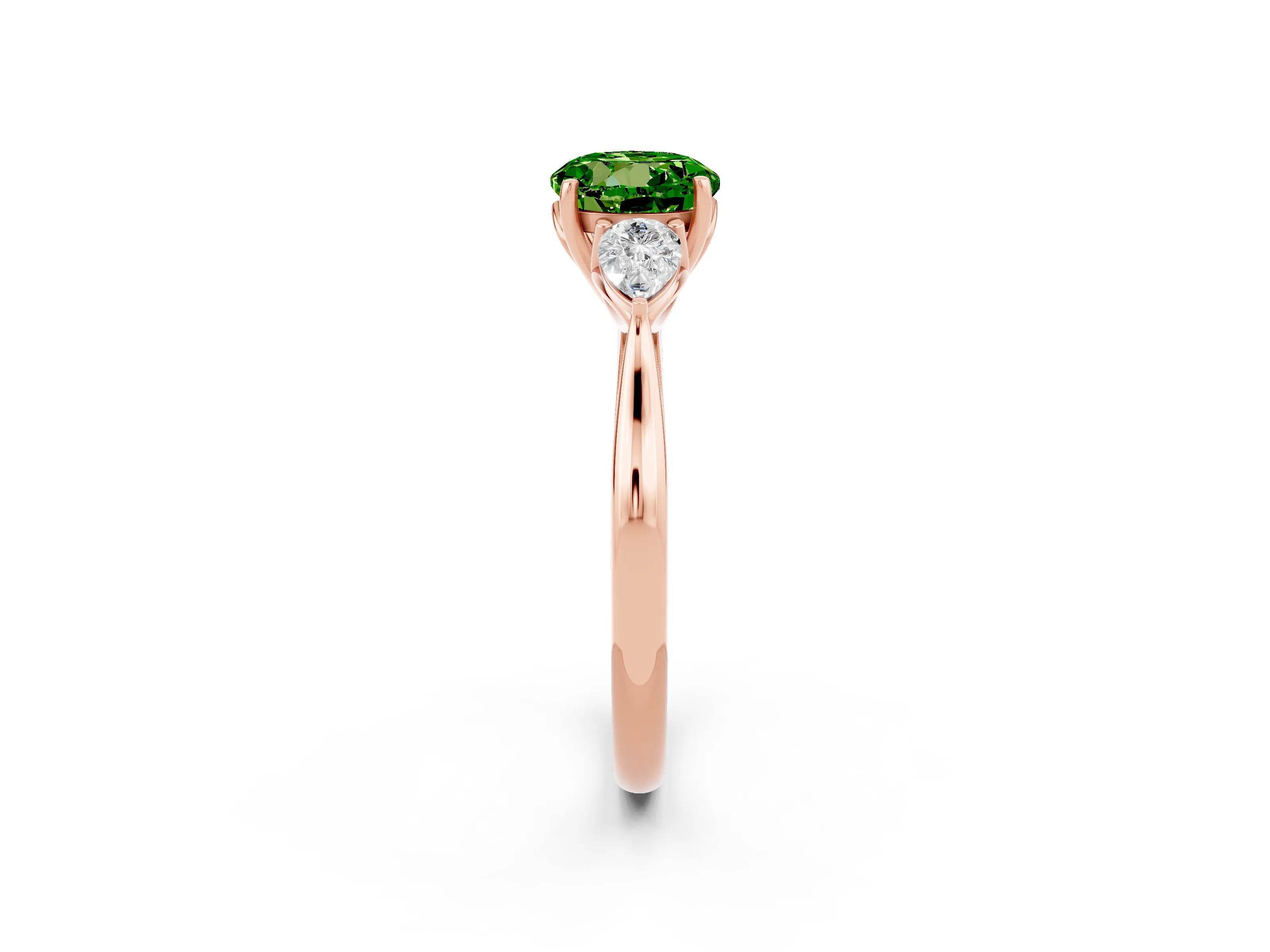 Rose gold Round Cut Peridot Three-Stone Ring with Pear Side Stones and Four-Prong Setting_14