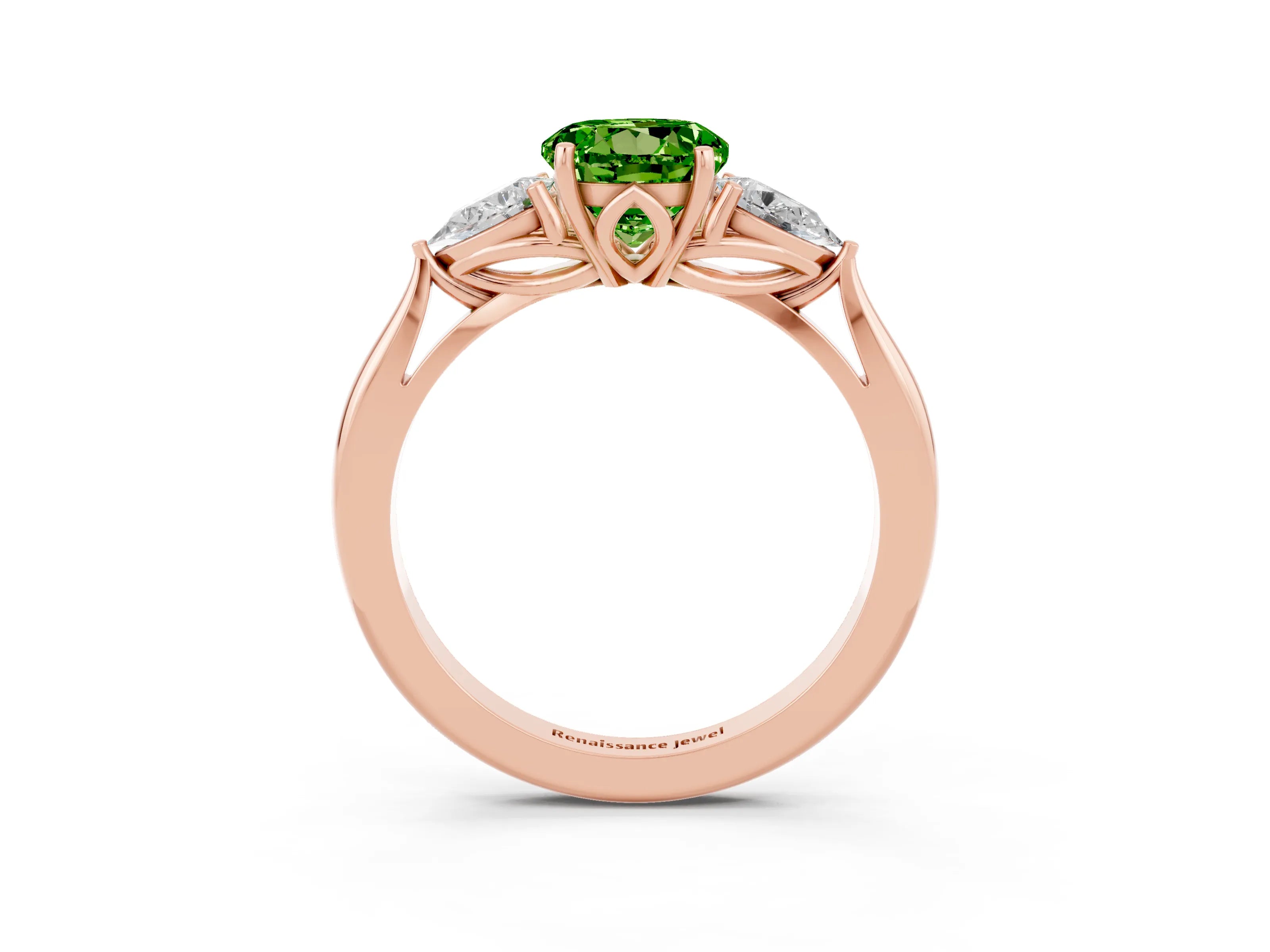 Rose gold Round Cut Peridot Three-Stone Ring with Pear Side Stones and Four-Prong Setting_15