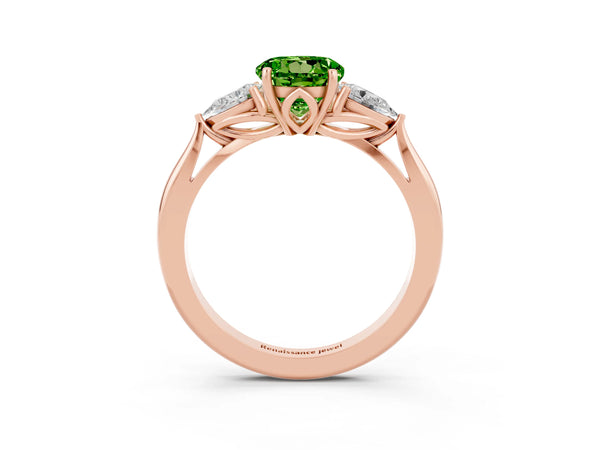 Rose gold Round Cut Peridot Three-Stone Ring with Pear  Side Stones and Prong Setting