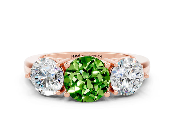 Rose gold Round Cut Peridot Three-Stone Ring with Prong Setting and Classic Band