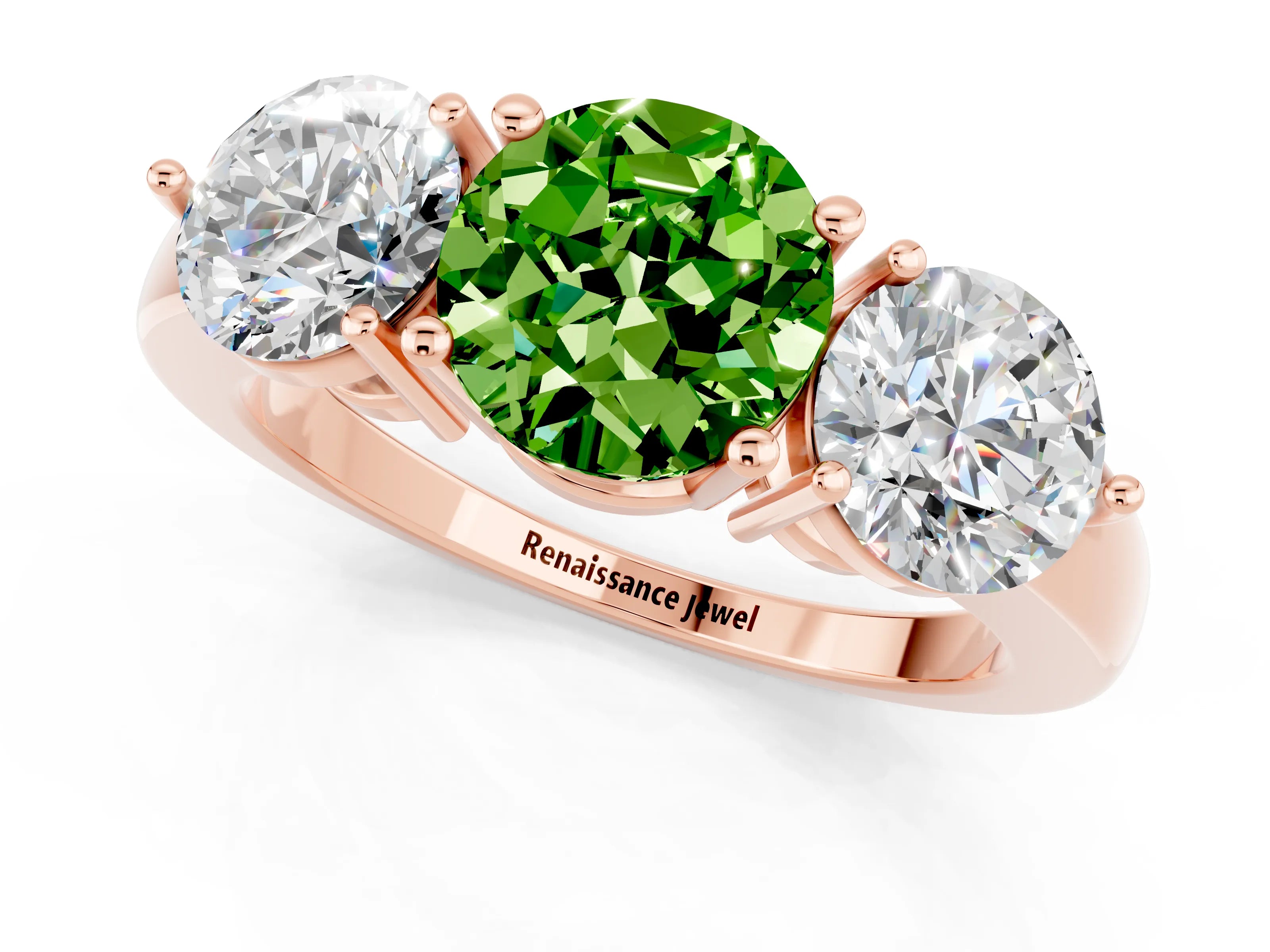 Rose gold Round Cut Peridot Three-Stone Ring with Prong Setting and Classic Band_1