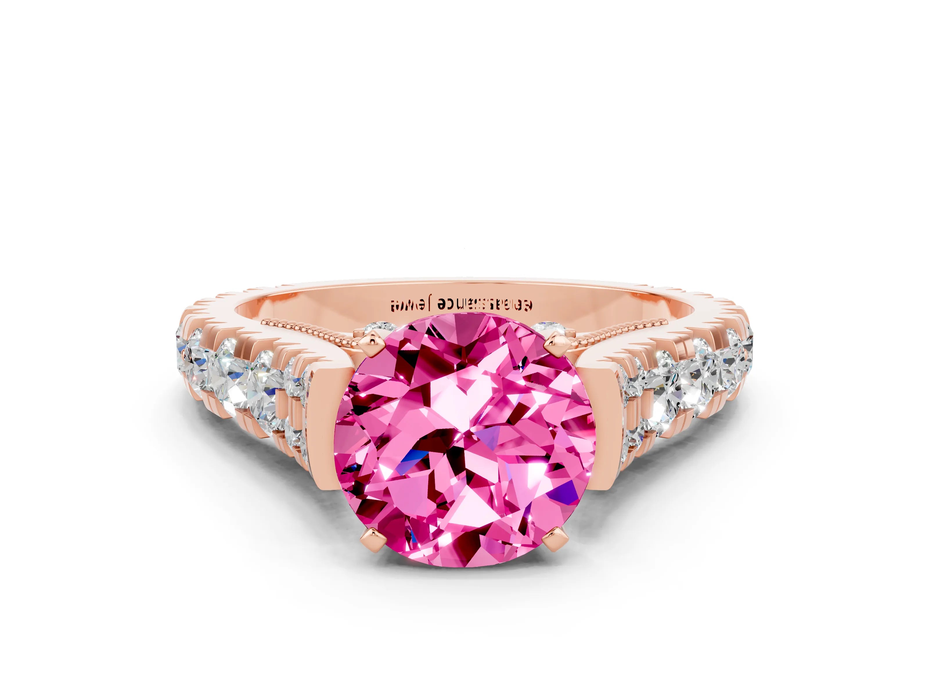 Rose gold Round Cut Pink Sapphire Classic Solitaire Ring with Pavé Band and Four-Prong Setting_12