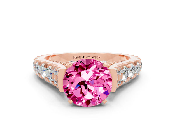 Rose gold Round Cut Pink Sapphire Classic Solitaire Ring with Pavé Band and Four-Prong Setting