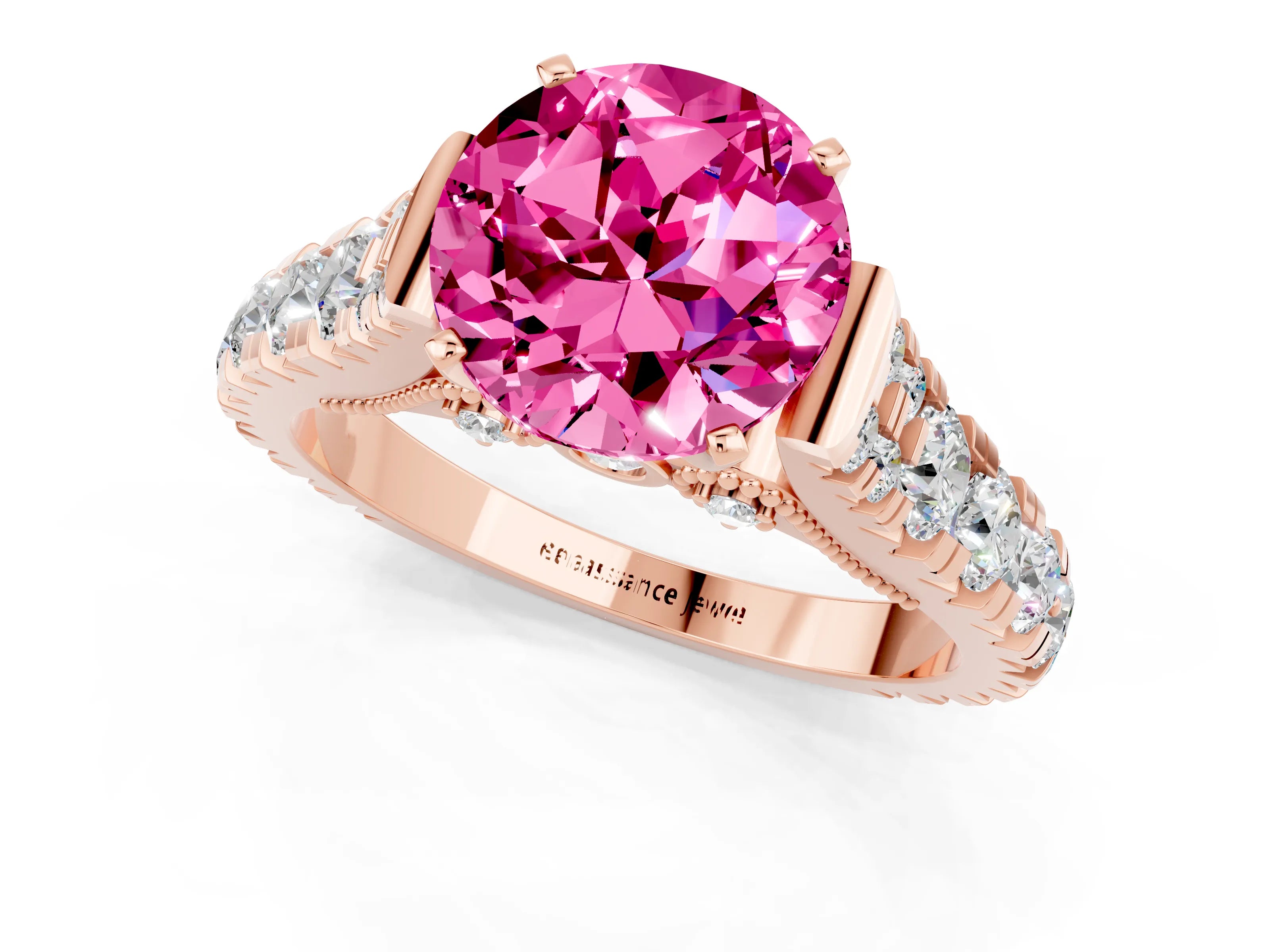 Rose gold Round Cut Pink Sapphire Classic Solitaire Ring with Pavé Band and Four-Prong Setting_13