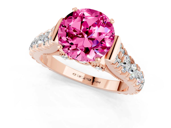 Rose gold Round Cut Pink Sapphire Classic Solitaire Ring with Pavé Band and Four-Prong Setting