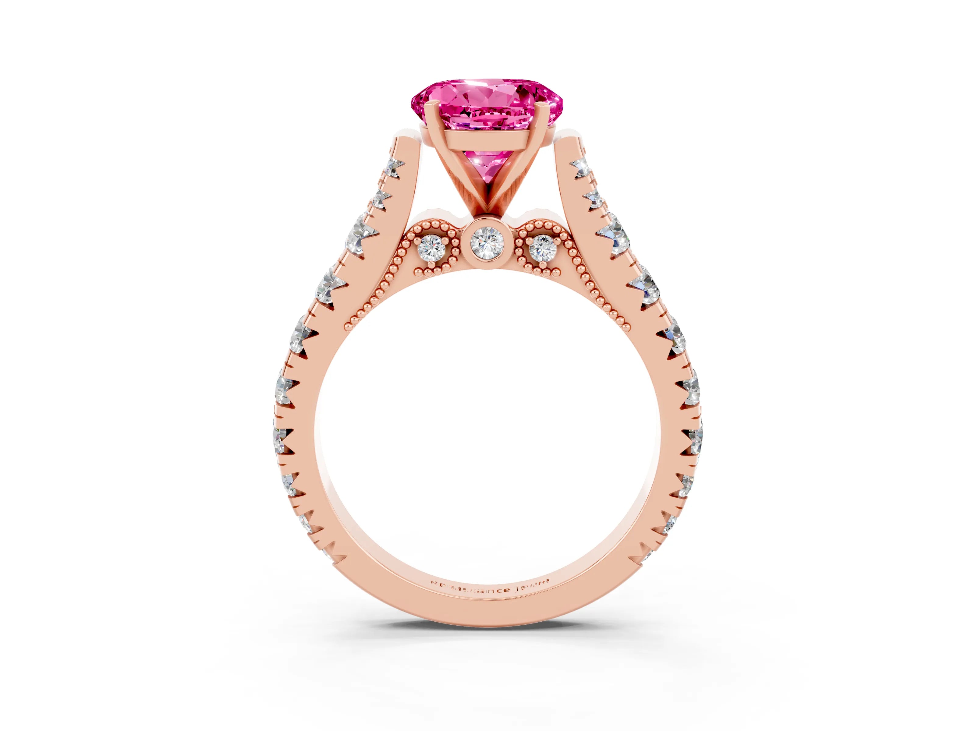 Rose gold Round Cut Pink Sapphire Classic Solitaire Ring with Pavé Band and Four-Prong Setting_15