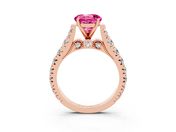 Rose gold Round Cut Pink Sapphire Classic Solitaire Ring with Pavé Band and Four-Prong Setting