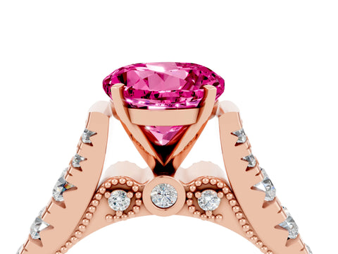Rose gold Round Cut Pink Sapphire Classic Solitaire Ring with Pavé Band and Four-Prong Setting_16