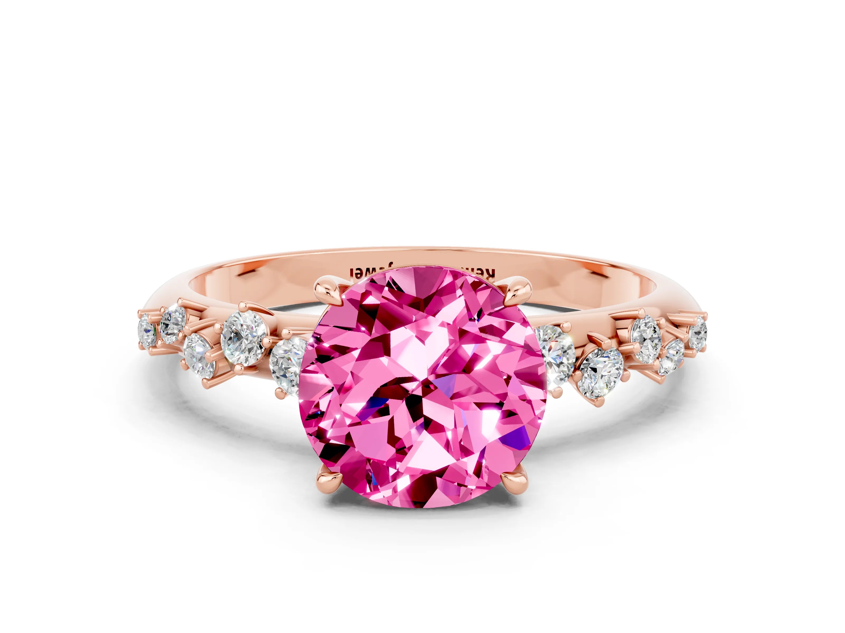 Rose gold Round Cut Pink Sapphire Cluster Side Stone Solitaire Ring with Prong Setting_48