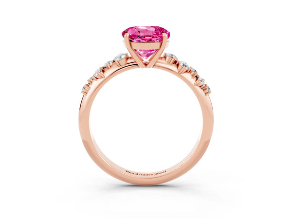 Rose gold Round Cut Pink Sapphire Cluster Side Stone Solitaire Ring with Prong Setting