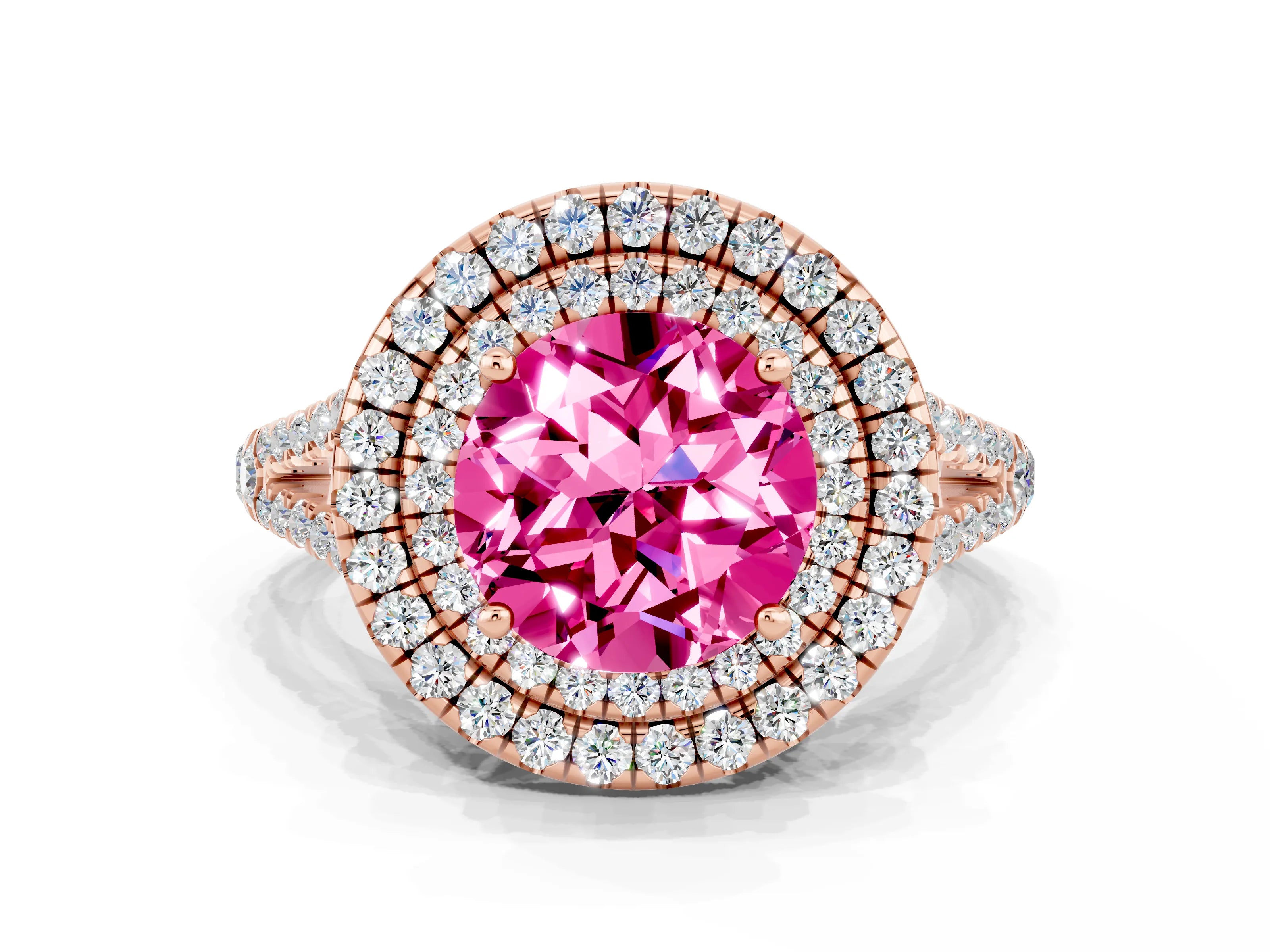 Rose gold Round Cut Pink Sapphire Double Halo Ring with Pavé Band and Prong Setting_12
