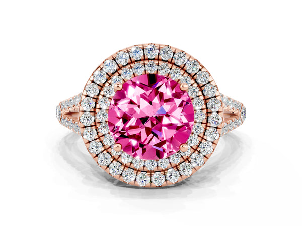 Rose gold Round Cut Pink Sapphire Double Halo Ring with Pavé Band and Prong Setting