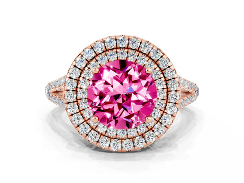 Rose gold Round Cut Pink Sapphire Double Halo Ring with Pavé Band and Prong Setting_12