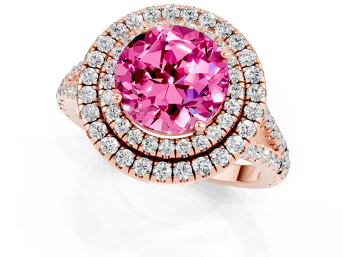 Rose gold Round Cut Pink Sapphire Double Halo Ring with Pavé Band and Prong Setting_13