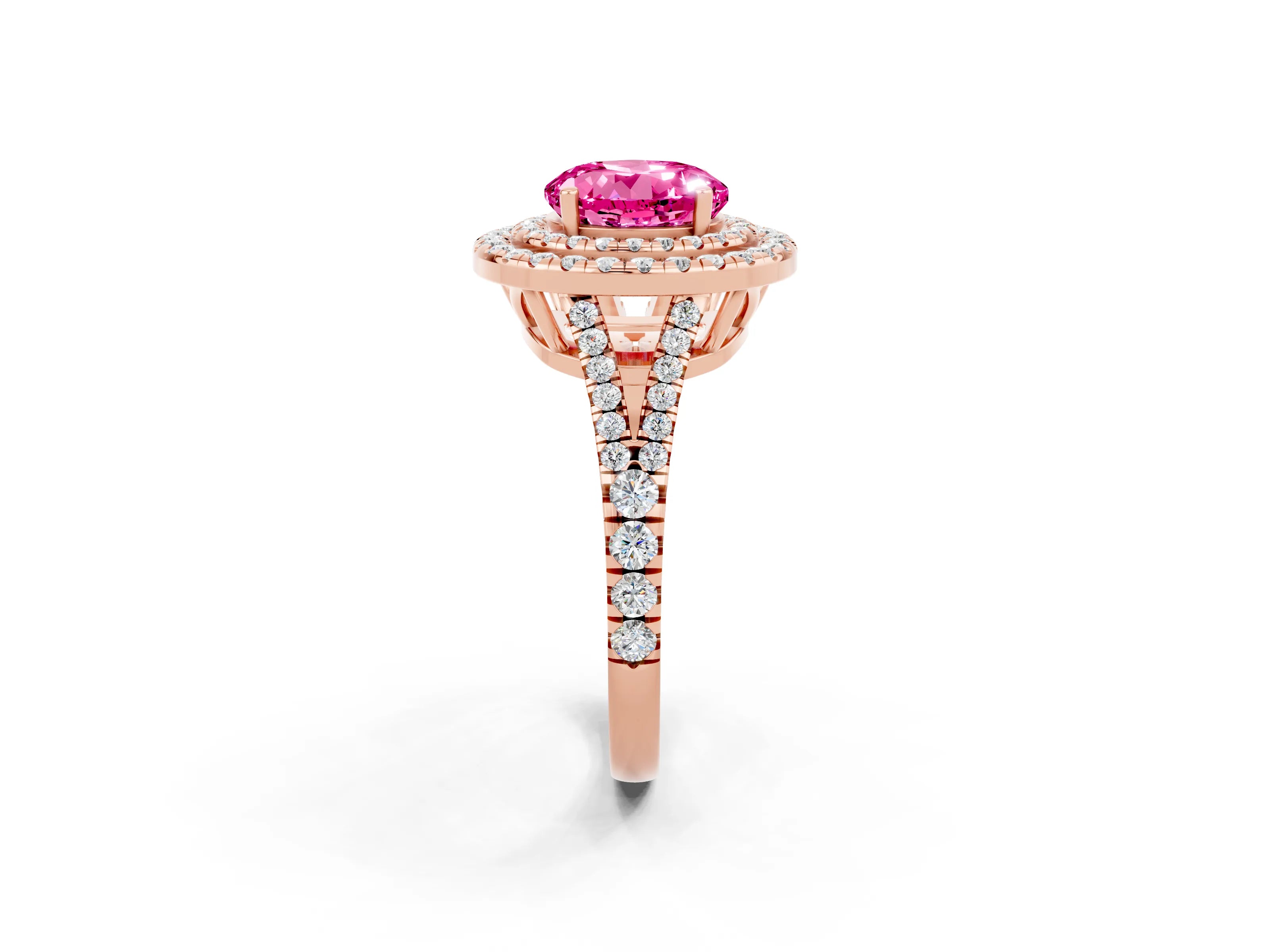 Rose gold Round Cut Pink Sapphire Double Halo Ring with Pavé Band and Prong Setting_14