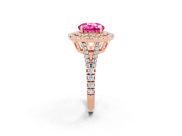 Rose gold Round Cut Pink Sapphire Double Halo Ring with Pavé Band and Prong Setting