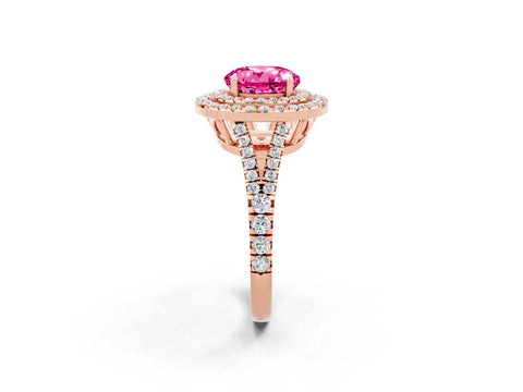 Rose gold Round Cut Pink Sapphire Double Halo Ring with Pavé Band and Prong Setting_14