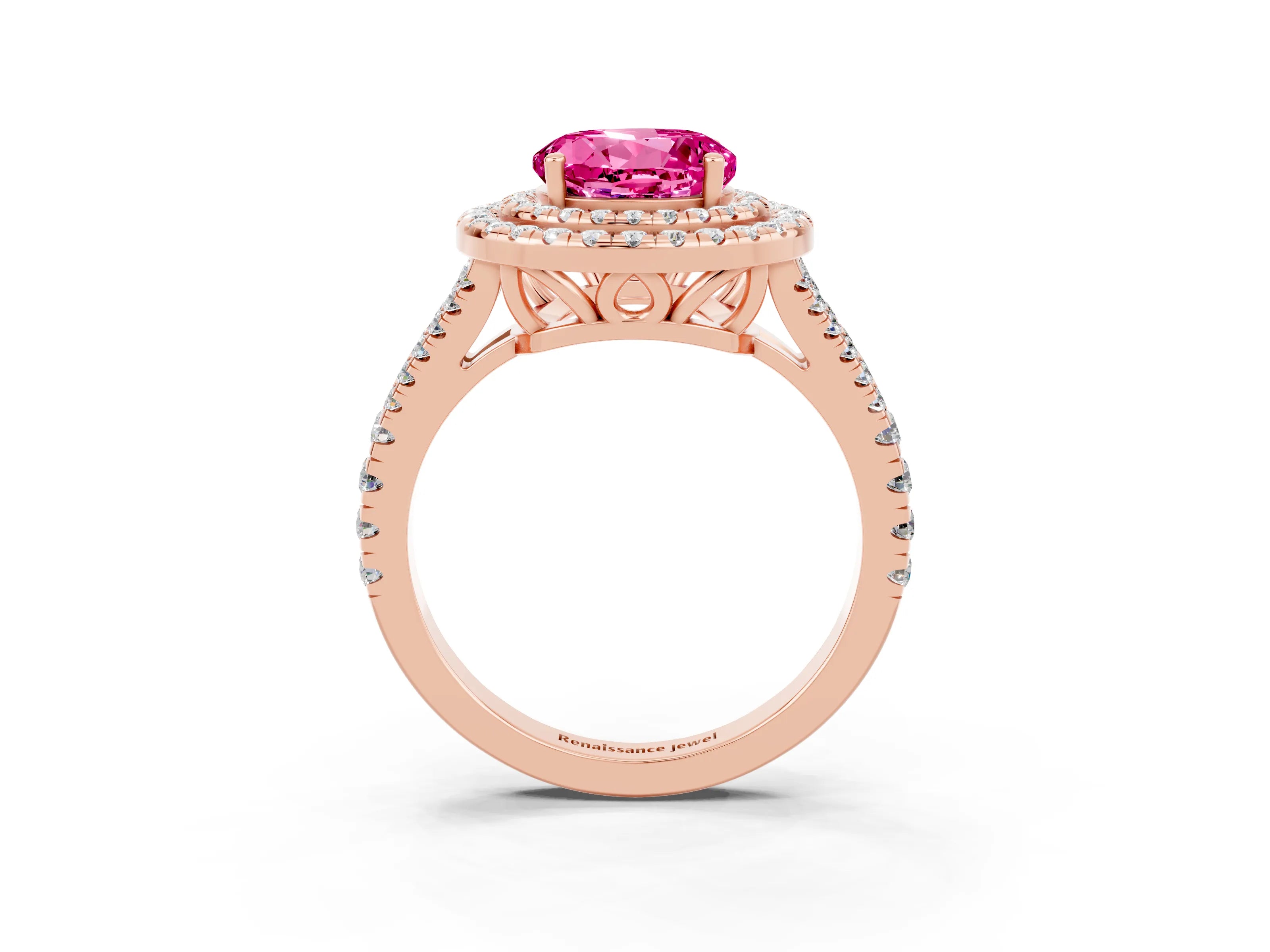 Rose gold Round Cut Pink Sapphire Double Halo Ring with Pavé Band and Prong Setting_15