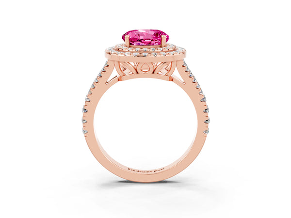 Rose gold Round Cut Pink Sapphire Double Halo Ring with Pavé Band and Prong Setting