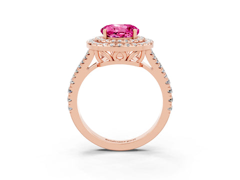 Rose gold Round Cut Pink Sapphire Double Halo Ring with Pavé Band and Prong Setting_15