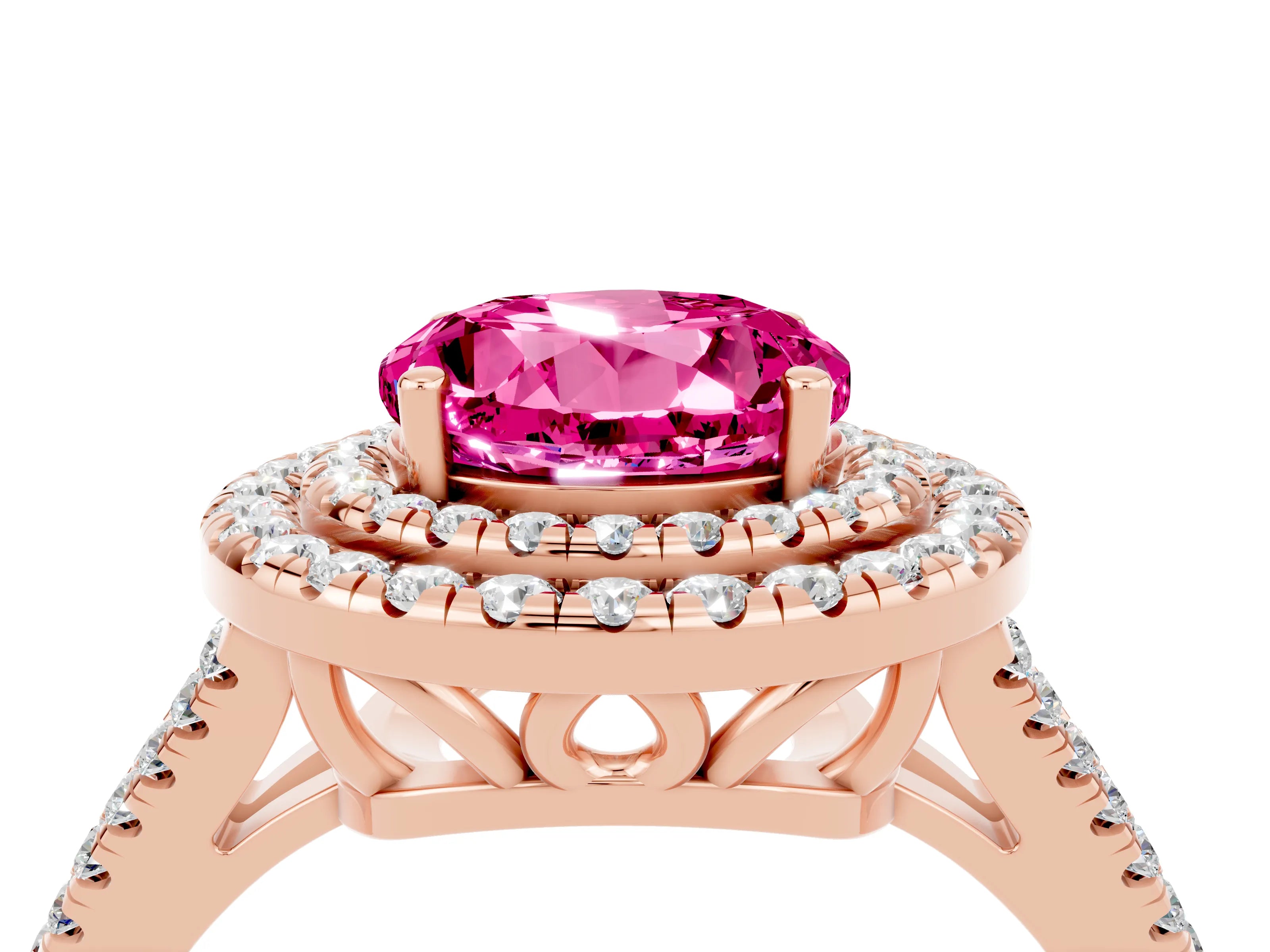 Rose gold Round Cut Pink Sapphire Double Halo Ring with Pavé Band and Prong Setting_16