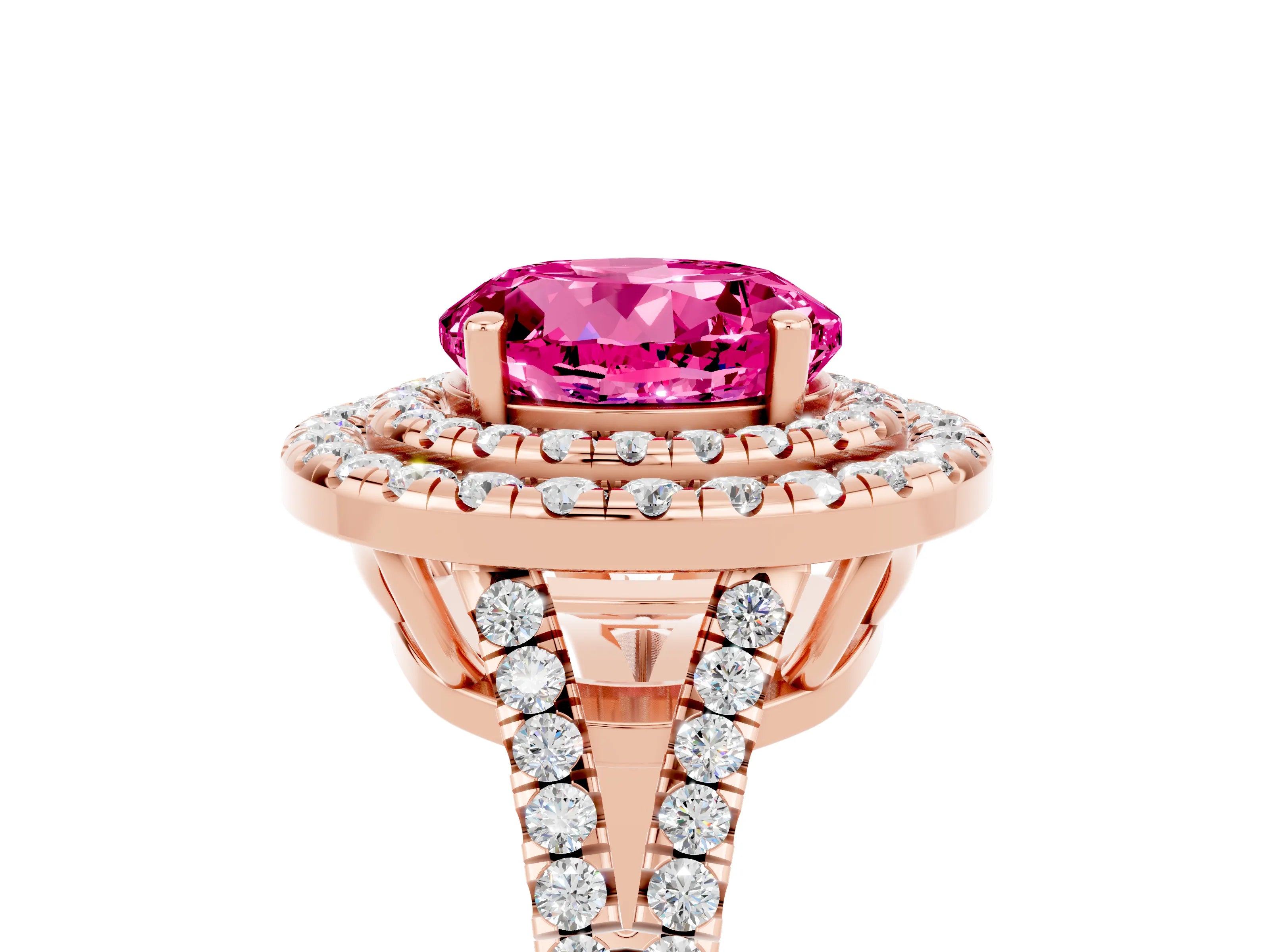 Rose gold Round Cut Pink Sapphire Double Halo Ring with Pavé Band and Prong Setting_17