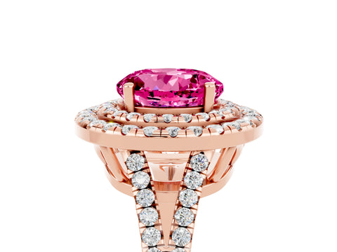 Rose gold Round Cut Pink Sapphire Double Halo Ring with Pavé Band and Prong Setting_17