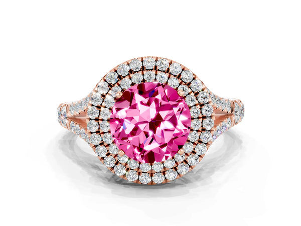 Rose gold Round Cut Pink Sapphire Double Halo Ring with Split Shank and Prong Setting