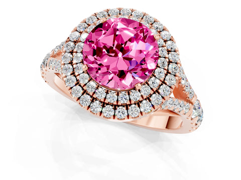 Rose gold Round Cut Pink Sapphire Double Halo Ring with Split Shank and Prong Setting_13