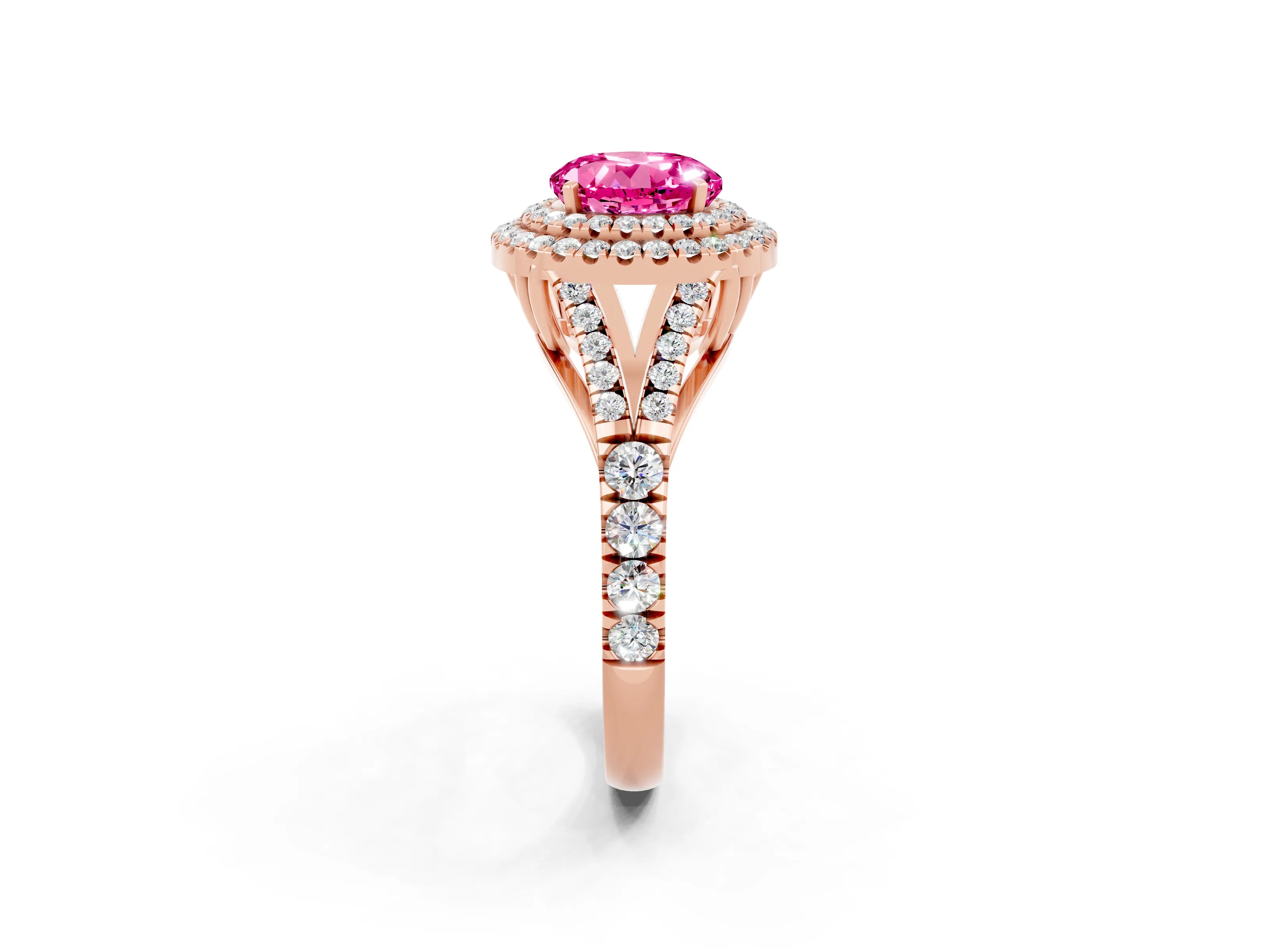 Rose gold Round Cut Pink Sapphire Double Halo Ring with Split Shank and Prong Setting_14