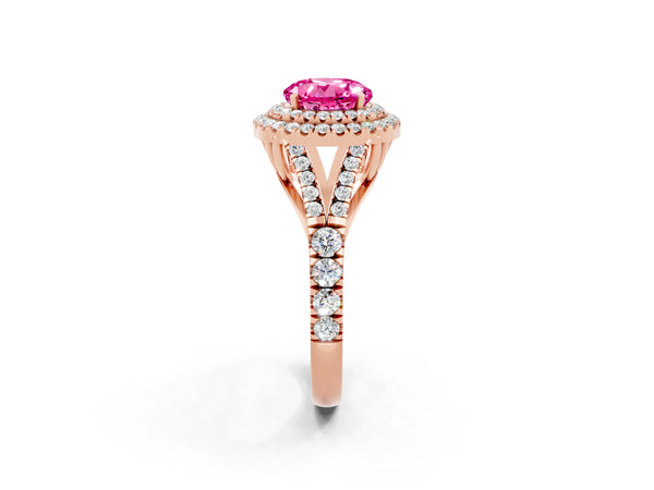 Rose gold Round Cut Pink Sapphire Double Halo Ring with Split Shank and Prong Setting