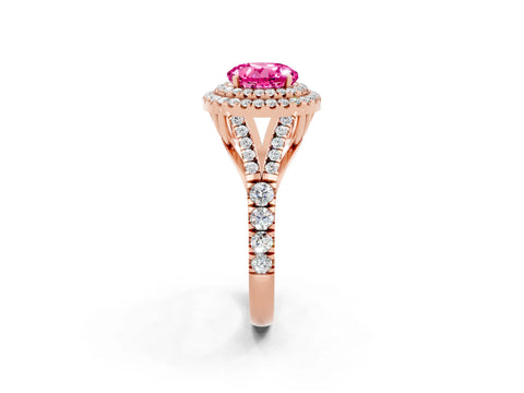 Rose gold Round Cut Pink Sapphire Double Halo Ring with Split Shank and Prong Setting_14