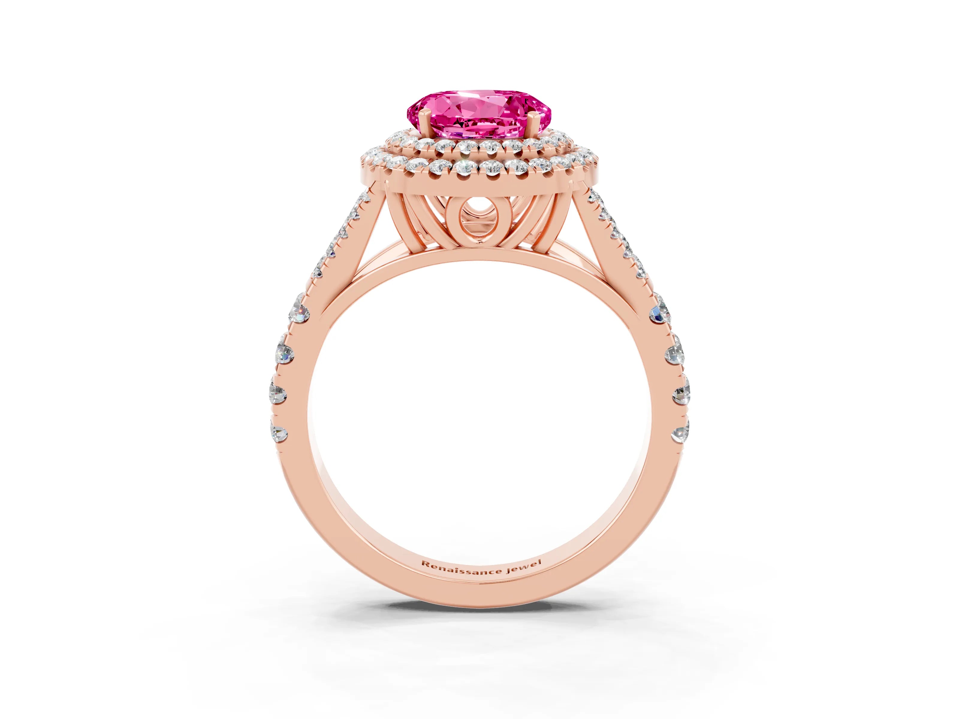 Rose gold Round Cut Pink Sapphire Double Halo Ring with Split Shank and Prong Setting_15