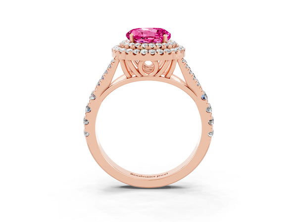 Rose gold Round Cut Pink Sapphire Double Halo Ring with Split Shank and Prong Setting