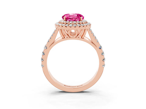 Rose gold Round Cut Pink Sapphire Double Halo Ring with Split Shank and Prong Setting_15