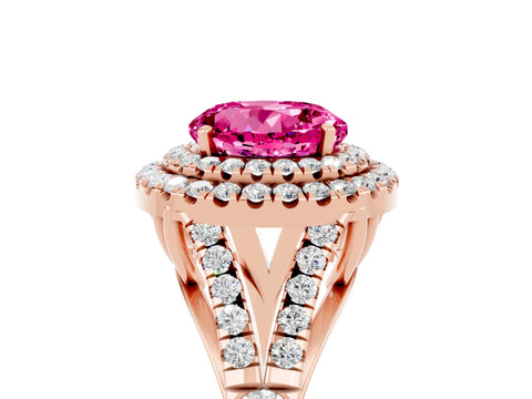 Rose gold Round Cut Pink Sapphire Double Halo Ring with Split Shank and Prong Setting_17