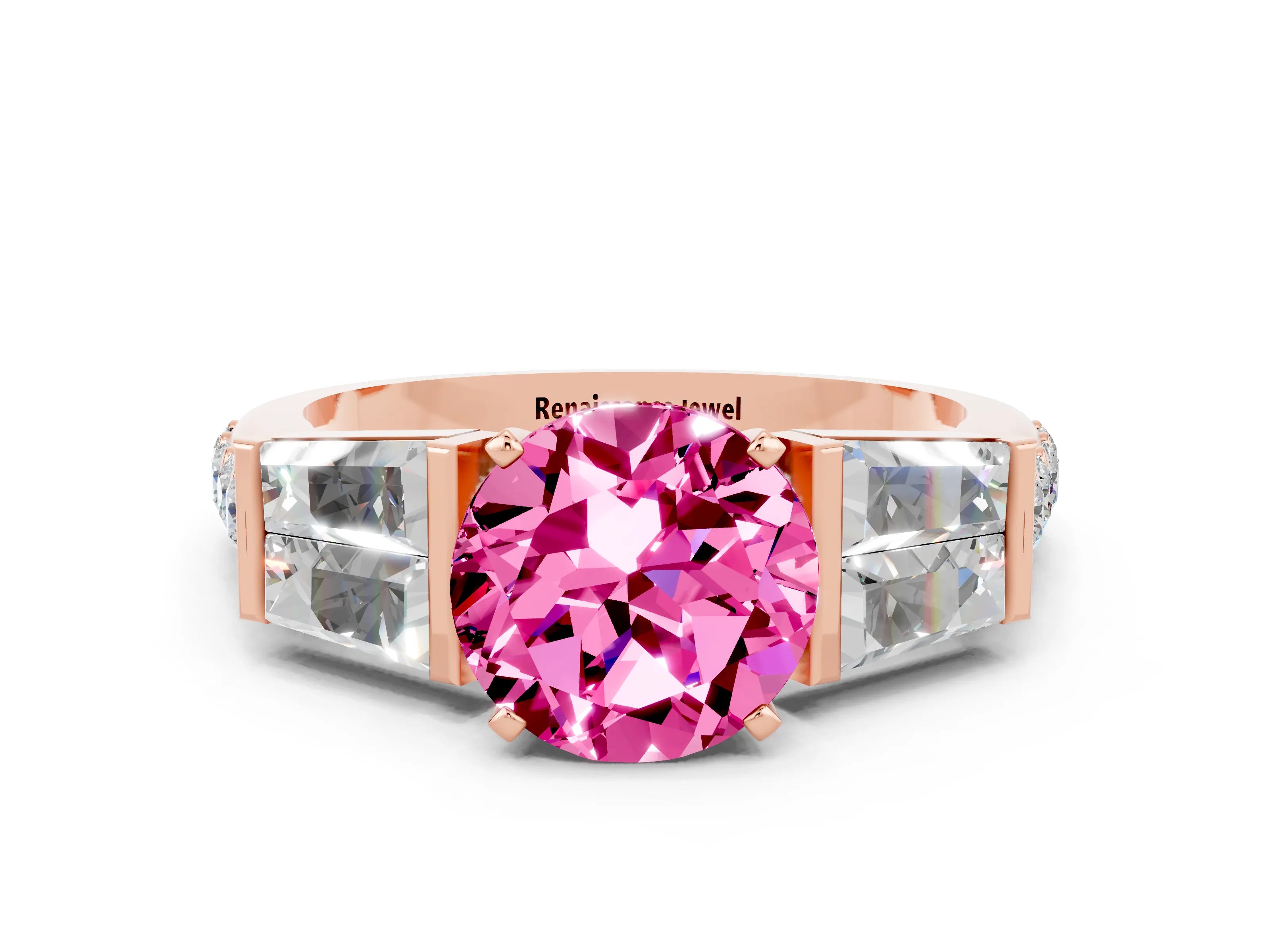 Rose gold Round Cut Pink Sapphire Engagement Ring with Baguette Side Stones and Channel Set Band