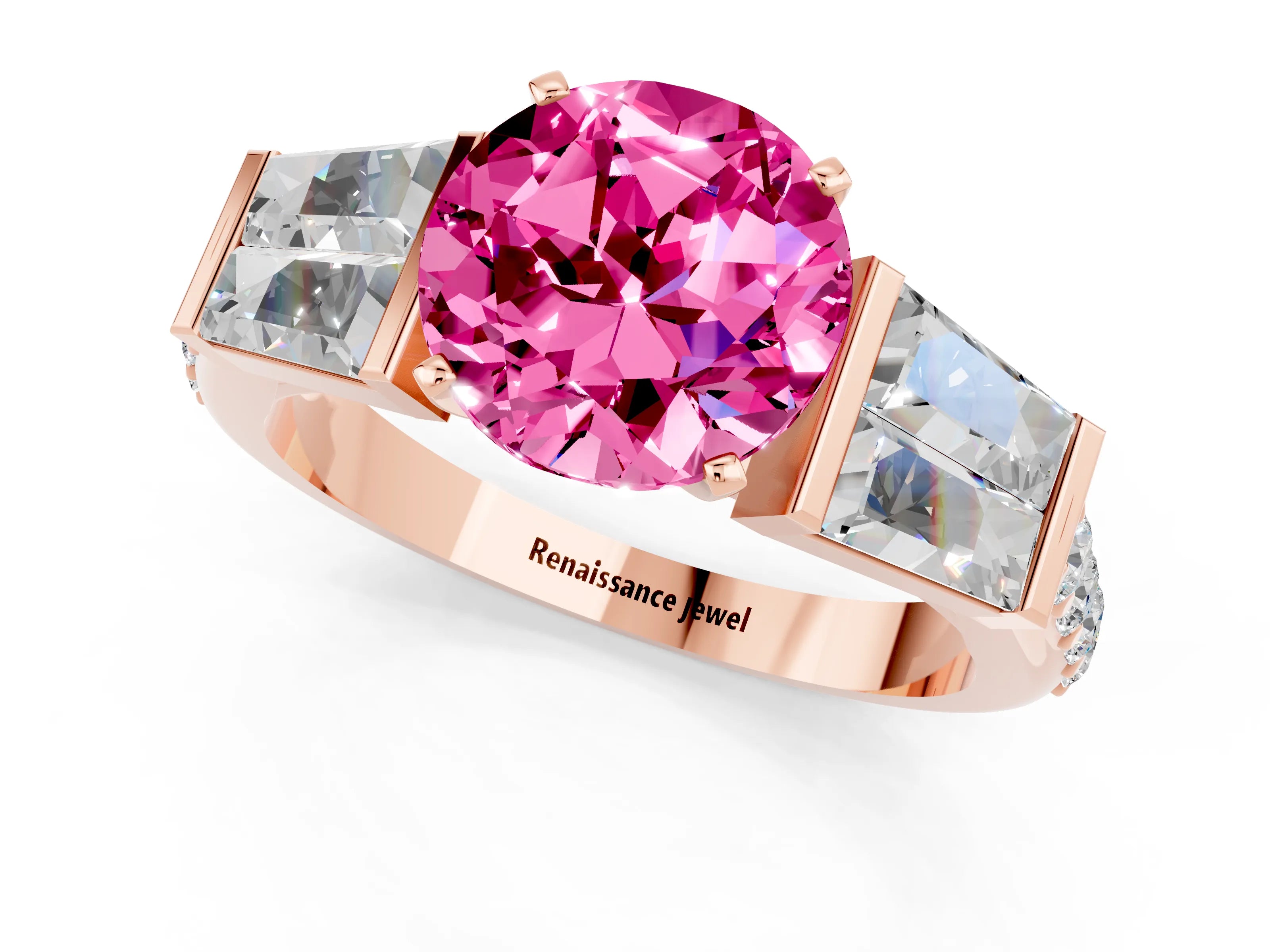 Rose gold Round Cut Pink Sapphire Engagement Ring with Baguette Side Stones and Channel Set Band_1