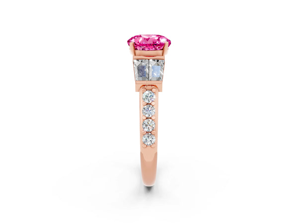 Rose gold Round Cut Pink Sapphire Engagement Ring with Baguette Side Stones and Channel Set Band