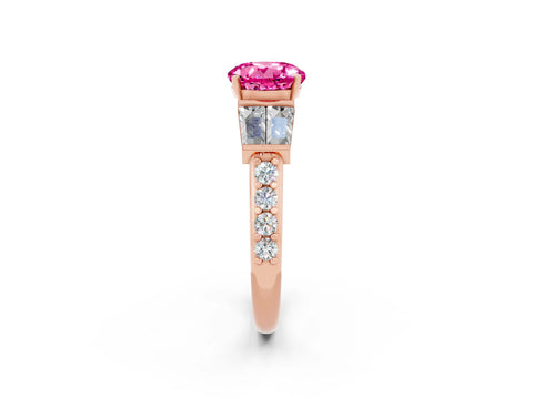 Rose gold Round Cut Pink Sapphire Engagement Ring with Baguette Side Stones and Channel Set Band_2