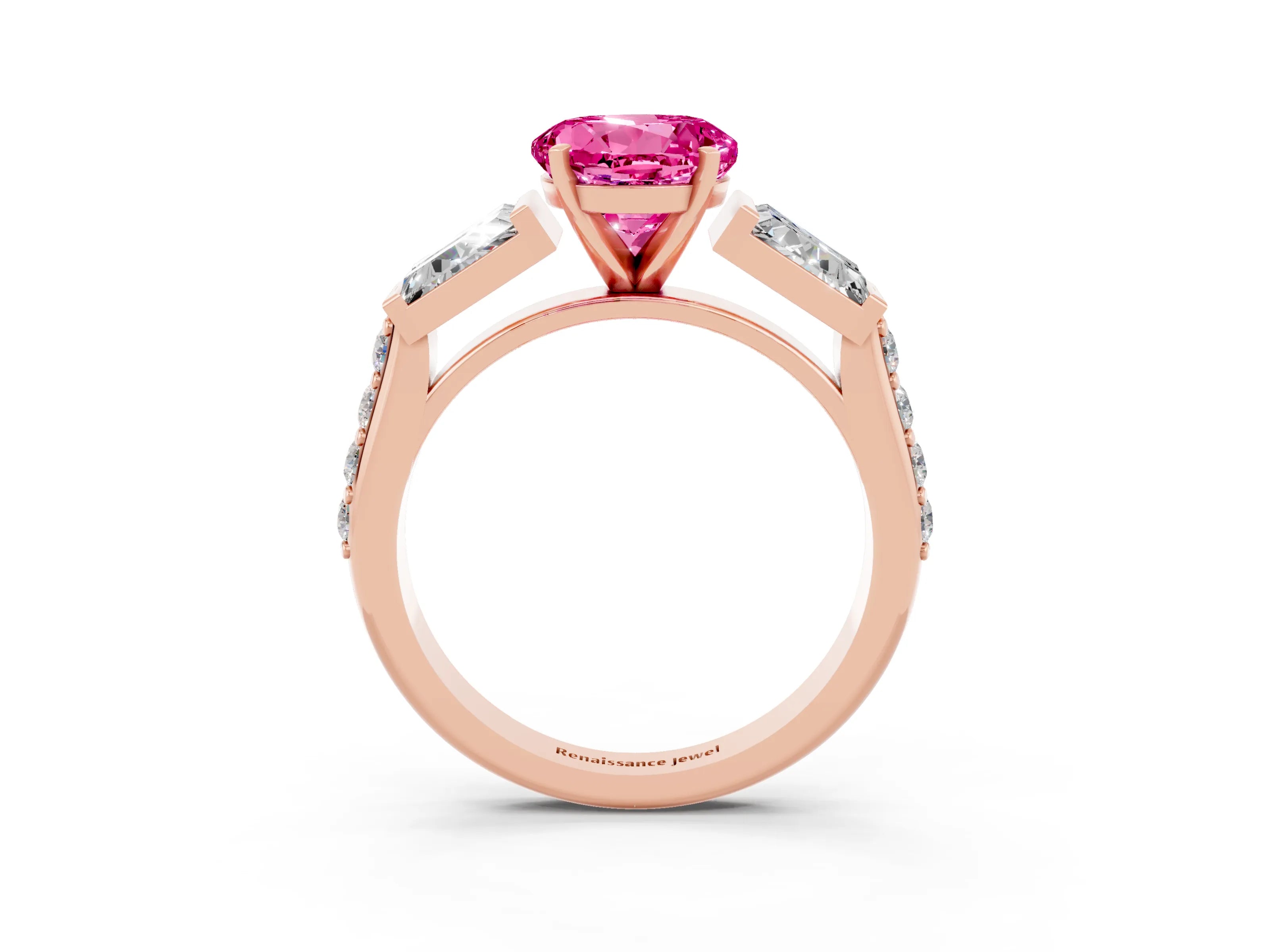 Rose gold Round Cut Pink Sapphire Engagement Ring with Baguette Side Stones and Channel Set Band_3