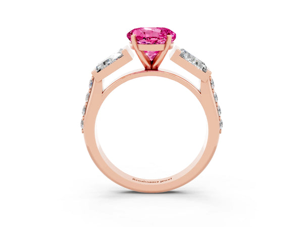 Rose gold Round Cut Pink Sapphire Engagement Ring with Baguette Side Stones and Channel Set Band