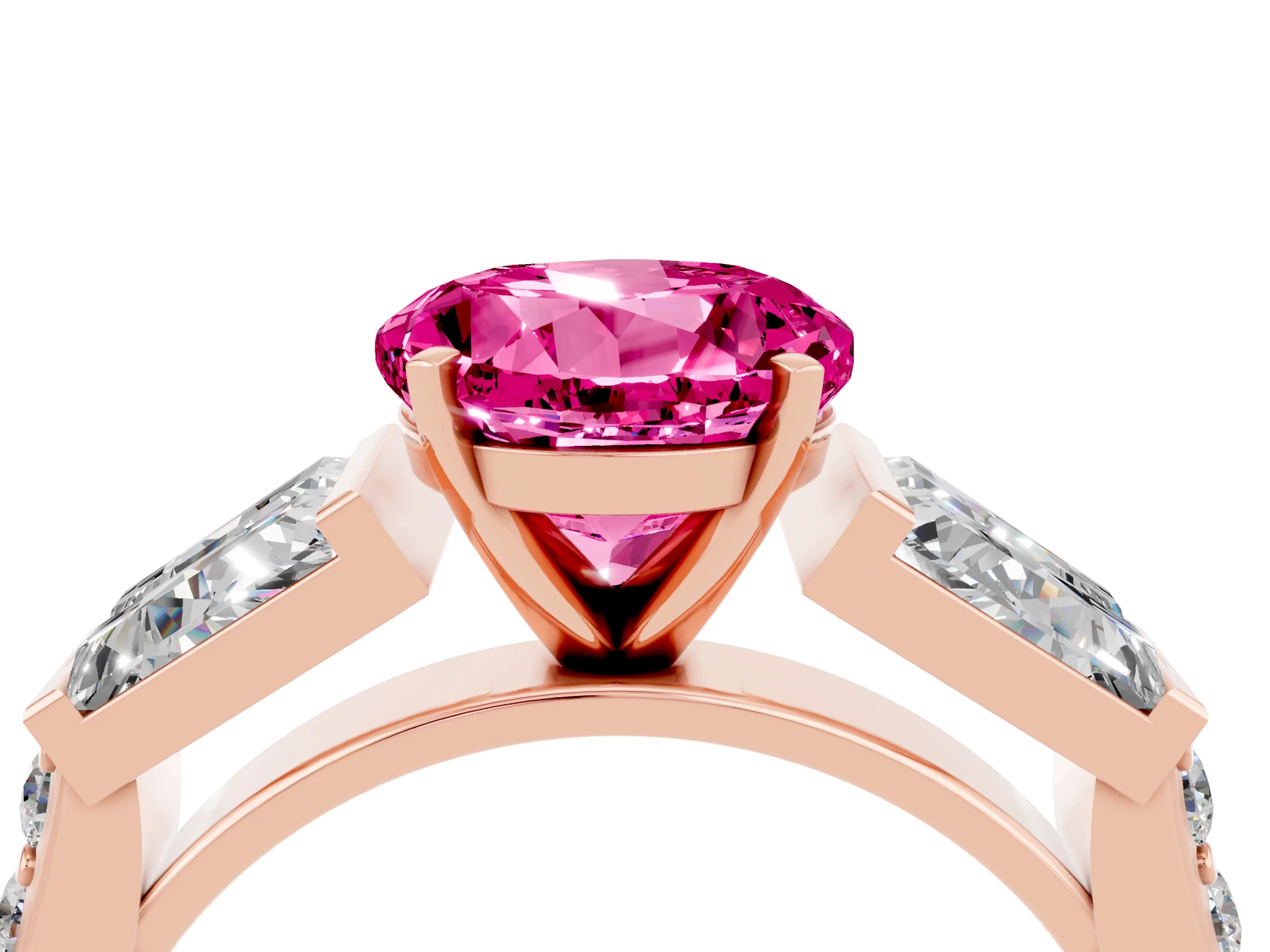 Rose gold Round Cut Pink Sapphire Engagement Ring with Baguette Side Stones and Channel Set Band_4