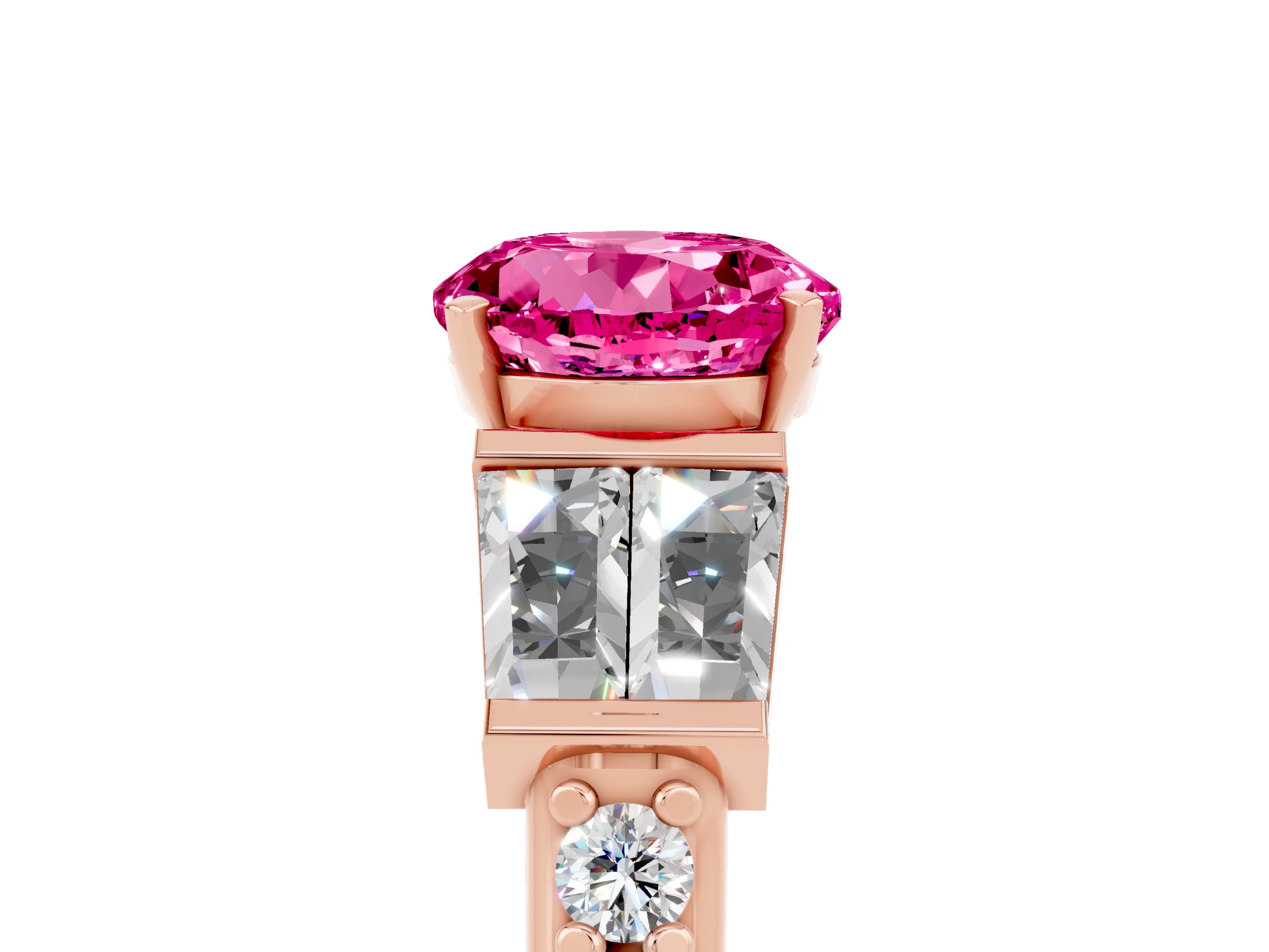 Rose gold Round Cut Pink Sapphire Engagement Ring with Baguette Side Stones and Channel Set Band_5