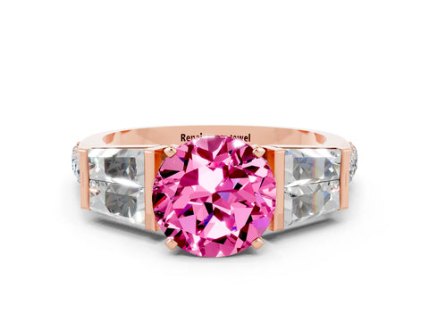 Rose gold Round Cut Pink Sapphire Engagement Ring with Baguette Side Stones and Channel Set Band