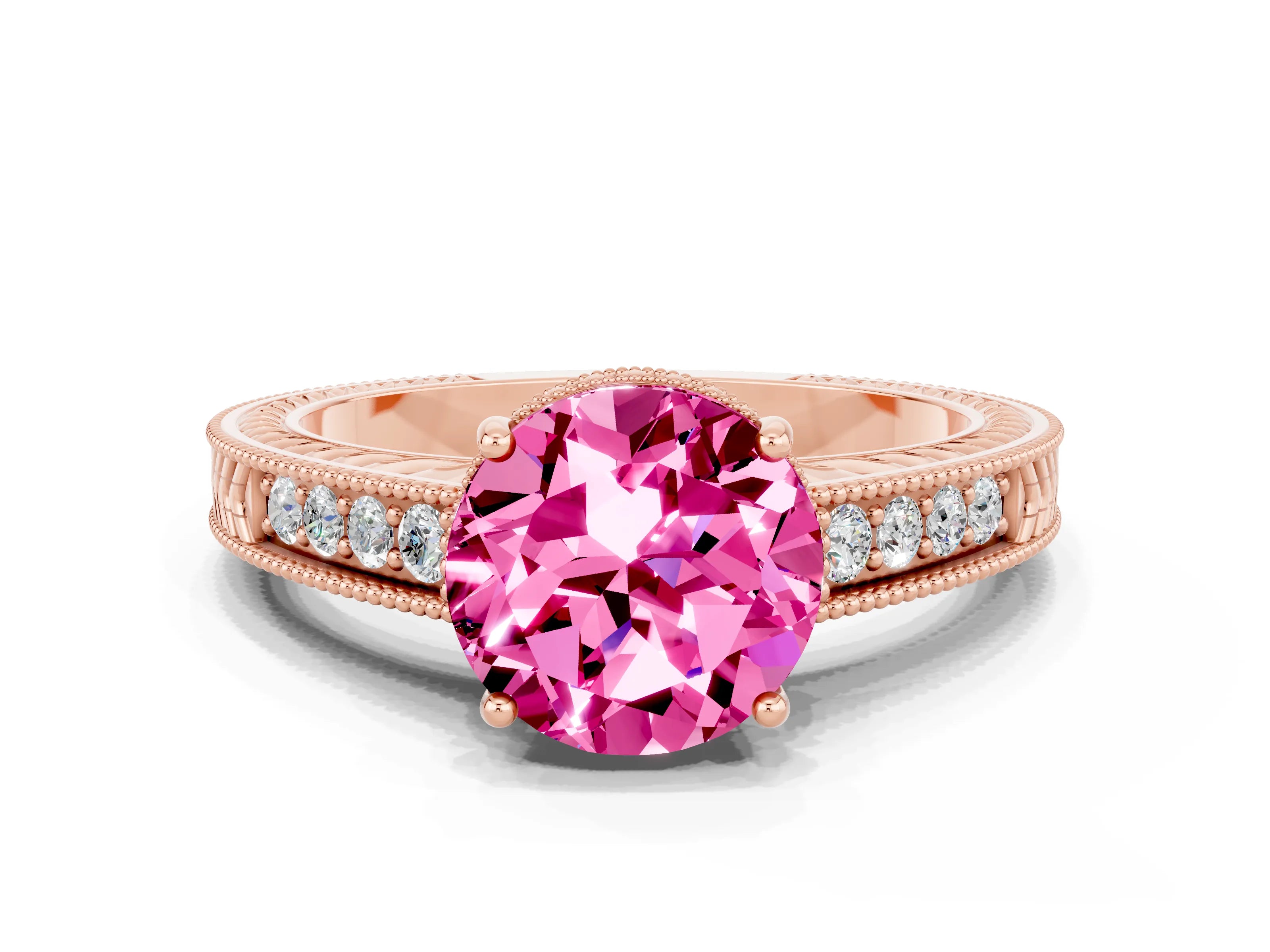 Rose gold Round Cut Pink Sapphire Engagement Ring with Milgrain Channel Set Band and Prong Setting_24