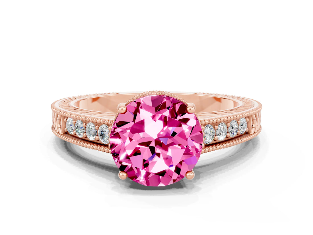 Rose gold Round Cut Pink Sapphire Engagement Ring with Milgrain Channel Set Band and Prong Setting_24